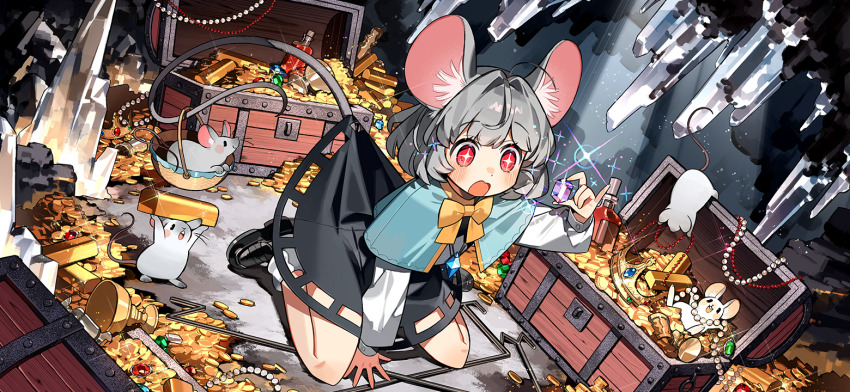 +_+ 1girl animal_ear_fluff animal_ears basket black_dress black_shoes blue_capelet blush bottle bow bowtie capelet coin commentary_request dowsing_rod dress game_cg gem gold_coin green_gemstone grey_hair hachihito holding holding_with_tail jewelry loafers long_sleeves mouse_(animal) mouse_ears mouse_girl mouse_tail nazrin necklace official_art open_mouth pearl_necklace pendant prehensile_tail red_gemstone shoes sitting socks solo tail third-party_source touhou touhou_gensou_eclipse treasure_chest white_socks yellow_bow yellow_bowtie