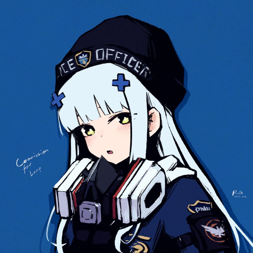 1girl absurdres agent_416_(girls&#039;_frontline) agent_416_(shield_of_manhattan)_(girls&#039;_frontline) blue_background commentary commission commissioner_name dated english_commentary girls&#039;_frontline grey_hair highres hk416_(girls&#039;_frontline) long_hair looking_at_viewer mask mask_around_neck open_mouth police police_uniform policewoman portrait rnna signature simple_background solo tom_clancy&#039;s_the_division woollen_cap yellow_eyes