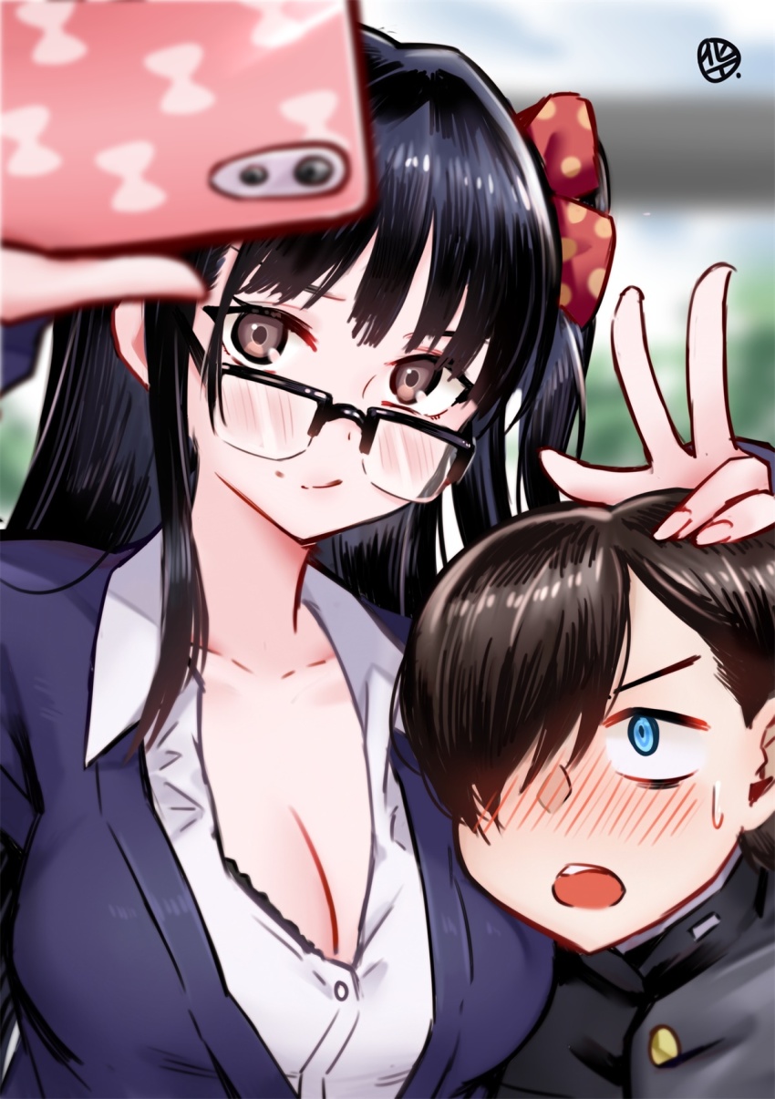 1boy 1girl black-framed_eyewear black_hair blush boku_no_kokoro_no_yabai_yatsu bra bra_peek breasts brown_eyes cardigan chinese_commentary cleavage closed_mouth collarbone collared_shirt commentary_request foreshortening gakuran glasses hair_over_one_eye hand_on_another&#039;s_head hetero highres holding holding_phone hua-j ichikawa_kyoutarou large_breasts long_hair looking_at_phone open_mouth over-rim_eyewear phone purple_cardigan school_uniform semi-rimless_eyewear shirt short_hair signature sweat underwear white_shirt yamada_anna