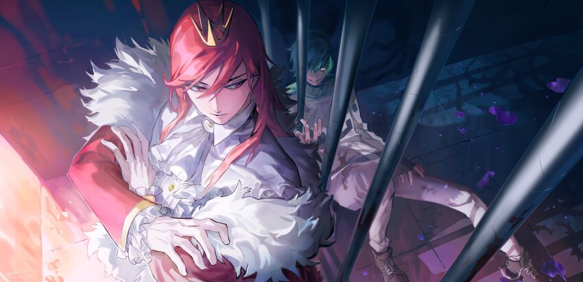 2boys androgynous animification bishounen cape commentary crown dream_(youtuber) dream_smp english_commentary formal_clothes from_above fur-trimmed_cape fur_trim green_hair highres humanization indoors long_hair long_sleeves male_focus minecraft_youtube multiple_boys pandora&#039;s_vault pink_hair pointy_ears prison prison_cell red_cape red_eyes ruint shirt sitting technoblade white_shirt