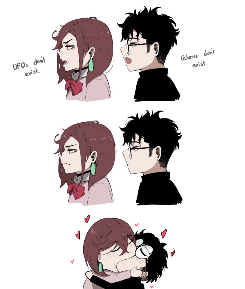1boy 1girl absurdres ayase_momo black_choker black_hair bow brown_hair choker dandadan english_text from_side glasses heart hetero highres kiss masoq meme open_mouth pink_sweater red_bow round_eyewear saliva short_hair simple_background sweater takakura_ken_(dandadan) white_background yoshi_and_toad_kissing_(meme)