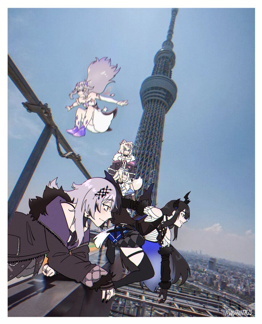 5girls absurdres animal_ears argyle_clothes argyle_pantyhose asymmetrical_horns black_coat black_gloves black_hair black_jacket black_nails blue_eyes blue_hair blue_sky blush border circlet closed_mouth clothing_cutout coat colored_inner_hair commentary crmanzana day demon_horns dog_ears dog_girl dog_tail dress fingernails floating_hair from_side fur-trimmed_coat fur-trimmed_jacket fur_trim fuwawa_abyssgard fuwawa_abyssgard_(1st_costume) gem gloves grey_hair grin hair_ribbon highres holoadvent hololive hololive_english horns jacket jewelry koseki_bijou koseki_bijou_(1st_costume) long_hair long_sleeves looking_ahead midair mococo_abyssgard mococo_abyssgard_(1st_costume) multicolored_hair multiple_girls multiple_rings nail_polish nerissa_ravencroft nerissa_ravencroft_(1st_costume) outdoors outstretched_arms photo-referenced photo_background pink_eyes profile purple_gemstone purple_hair red_eyes ribbon ring shiori_novella shiori_novella_(1st_costume) shirt shoulder_cutout siblings sisters sky smile spread_arms symbol-only_commentary tail tower twins twitter_username uneven_horns very_long_hair virtual_youtuber white_border white_dress white_shirt yellow_eyes