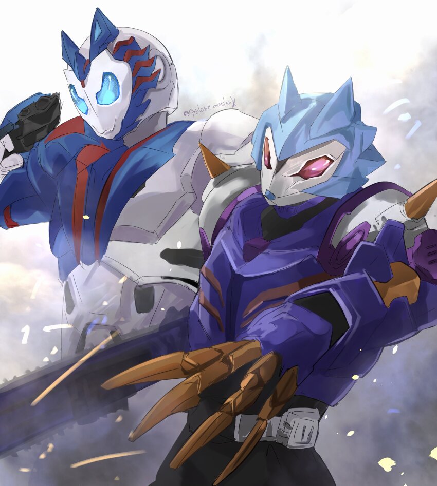 1boy 1girl absurdres aiming aiming_at_viewer armor black_bodysuit blue_armor blue_headwear bodysuit chainsaw claw_(weapon) creator_connection cycloneactionx foreshortening gloves grey_bodysuit gun helmet highres holding holding_gun holding_weapon kamen_rider kamen_rider_01_(series) kamen_rider_geats_(series) kamen_rider_lopo kamen_rider_vulcan pink_eyes purple_armor shooting_wolf shot_riser shoulder_spikes spikes trait_connection twitter_username weapon white_armor white_gloves wolf zombie zombie_breaker