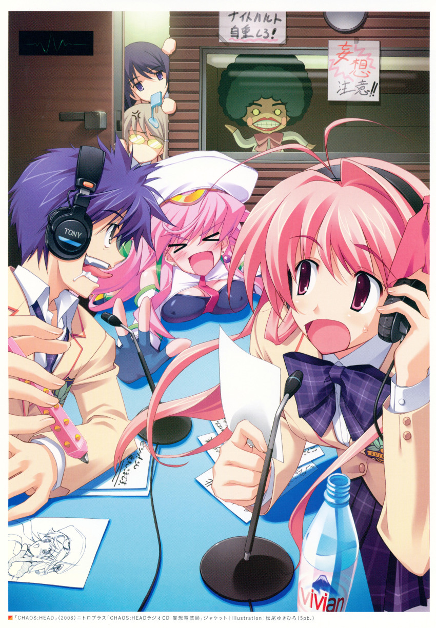 &gt;_&lt; 1boy 1other 4girls absurdres afro anger_vein angry antenna_hair aoi_sena bent_over black_hair blazer blonde_hair blood_tune blush bottle bow bowtie breast_rest breasts breasts_on_table brown_jacket buttons chaos;head character_request chibi chibi_inset cleavage_cutout closed_eyes clothing_cutout collarbone collared_shirt covered_erect_nipples dark_skin desk detached_sleeves drawing_(object) earrings ears_visible_through_hair everyone excited fangs fingerless_gloves food food_in_mouth glasses gloves glowing_glasses grey_eyes hair_ornament hands_on_table hat headphones highres holding holding_headphones holding_paper holding_pencil jacket jewelry kusunoki_yua leaning_forward long_hair looking_at_another matsuo_yukihiro microphone miniskirt multiple_girls narrowed_eyes necktie nishijou_takumi non-web_source open_collar open_mouth paper pearl_earrings peeking pen pencil pervert pink_eyes pink_hair plaid_bow plaid_bowtie plaid_clothes plaid_necktie plaid_skirt pleated_skirt popsicle popsicle_in_mouth purple_eyes purple_hair radio red_necktie sakihata_rimi school_emblem school_uniform script seira_orgel shirt short_hair sketch skirt suimei_school_uniform surprised sweat sweatdrop tongue tongue_out translation_request water_bottle white_hat white_shirt