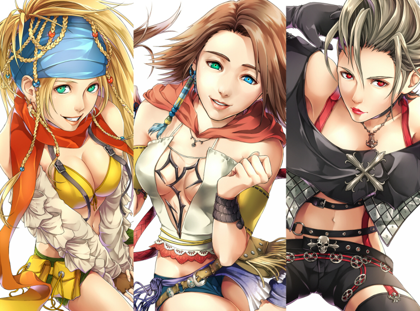 00s 3girls final_fantasy final_fantasy_x final_fantasy_x-2 green_eyes heterochromia hiromyan looking_at_viewer multiple_girls paine paine_(ff10) red_eyes rikku_(ff10) @_@ square_enix white_background yuna yuna_(ff10)