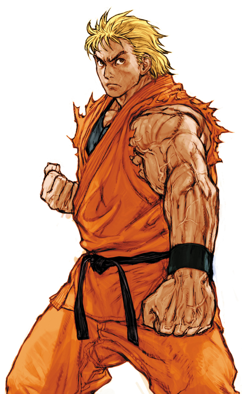 1boy belt black_belt black_undershirt blonde_hair capcom_vs_snk_2 clenched_hands dougi fatal_fury fighting_stance game_cg highres male_focus martial_arts_belt muscular nishimura_kinu non-web_source official_art orange_dougi ryou_sakazaki scowl sleeveless snk solo the_king_of_fighters torn_clothes torn_sleeves v-shaped_eyebrows veins veiny_arms veiny_hands wristband
