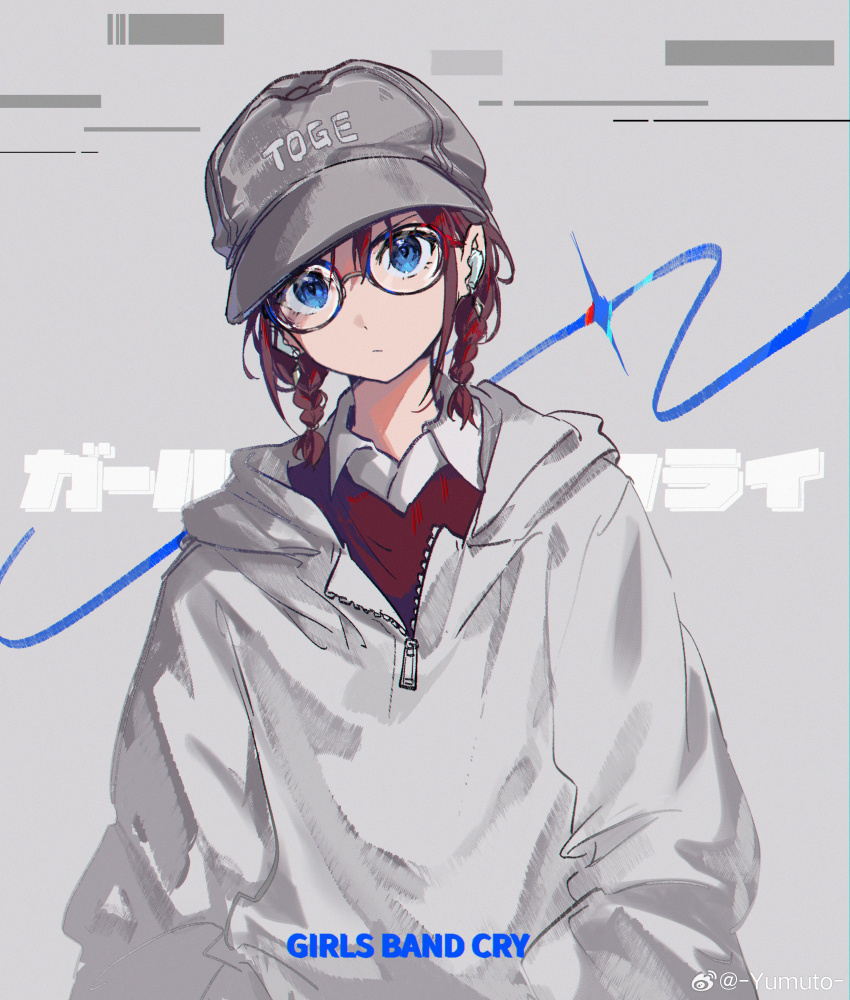 1girl absurdres airpods baseball_cap black-framed_eyewear braid chinese_commentary closed_mouth commentary_request copyright_name earrings girls_band_cry glasses grey_background grey_hat grey_hoodie hat highres hood hood_down hoodie iseri_nina jewelry looking_at_viewer photo-referenced red_hair red_shirt rina_(voice_actor) shirt short_hair solo twin_braids upper_body voice_actor_connection watermark weibo_watermark white_shirt wireless_earphones yumuto_(spring1786)