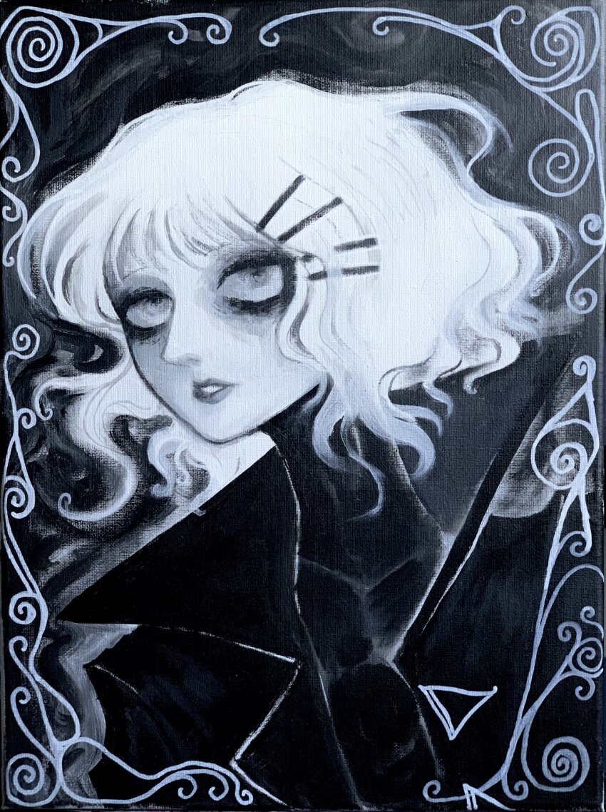 1girl android black_background bodysuit bodysuit_under_clothes border buttons coat commentary crimescenepartz eyeshadow floating_hair greyscale hair_ornament hairclip hashtag-only_commentary highres inset_border lips long_neck looking_at_viewer makeup marie_(peripeteia) monochrome nose open_clothes open_coat ornate_border outer_glow painting_(medium) parted_lips peripeteia portrait short_hair solo traditional_media trench_coat triangle_button turning_head white_hair