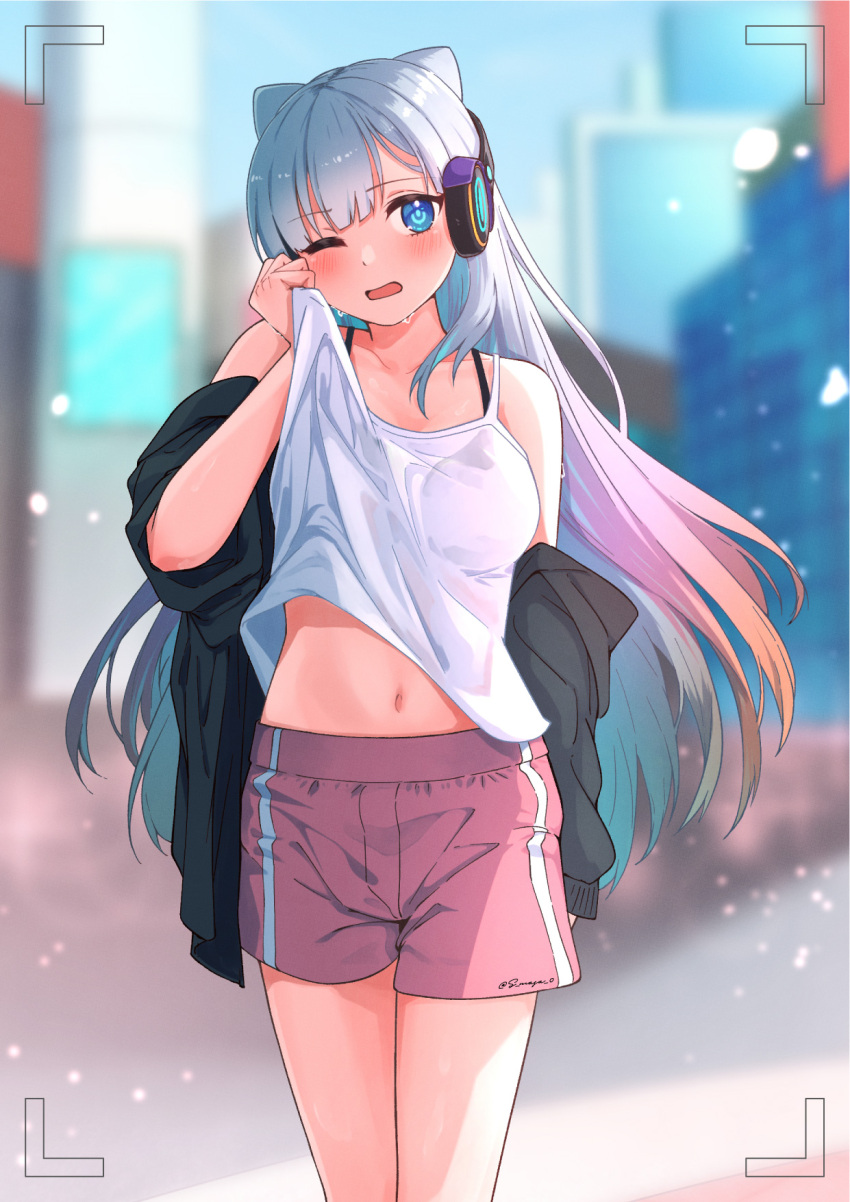 1girl aqua_hair blue_eyes blue_hair breasts headphones highres long_hair medium_breasts monster_strike multicolored_hair neo_(monster_strike) pink_hair power_symbol-shaped_pupils s-masa_7131 solo symbol-shaped_pupils