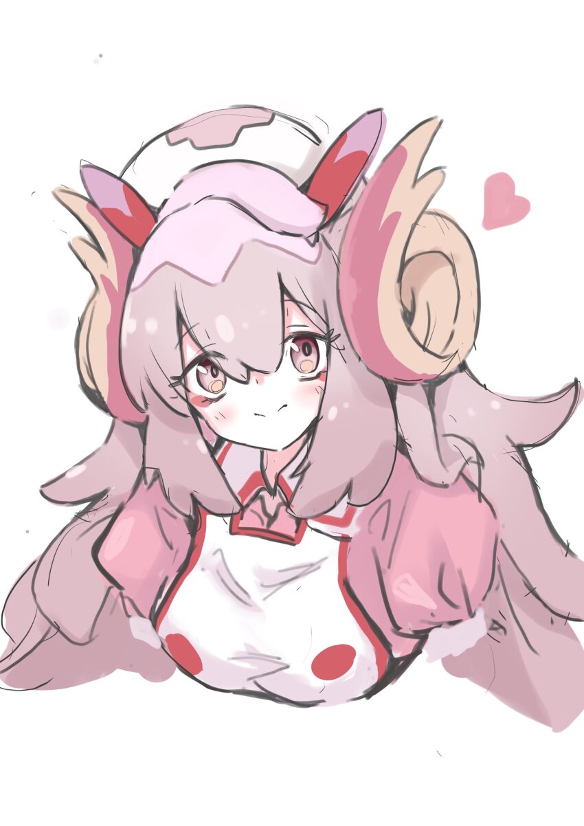 1girl breasts dragon_girl dragon_horns duel_monster hair_between_eyes highres horns jigenshin large_breasts long_hair looking_at_viewer nurse nurse_dragonmaid official_alternate_hairstyle pink_eyes pink_hair simple_background solo upper_body white_background yu-gi-oh!