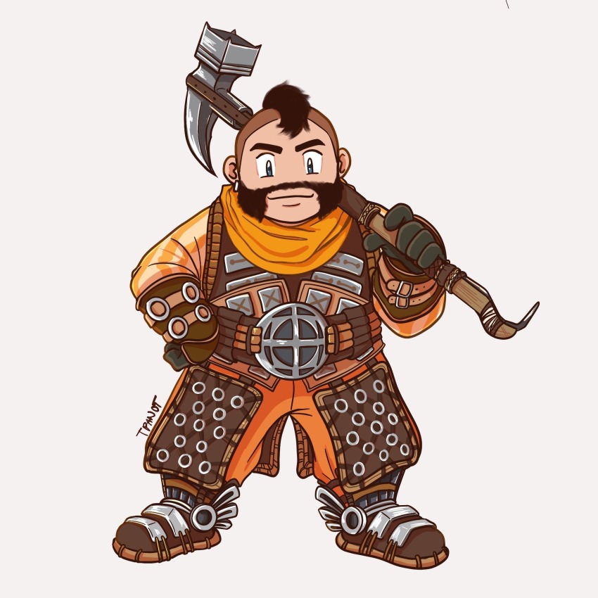 1boy armor artist_name bandana beard belt_buckle brown_shoes brown_vest buckle earrings erend_vanguardsman facial_hair gloves hammer hand_on_own_hip highres holding holding_hammer horizon_(video_game) horizon_forbidden_west horizon_zero_dawn jewelry male_focus mohawk mutton_chops orange_bandana orange_pants pants shoes simple_background single_earring smile solo tipanot vest war_hammer weapon white_background