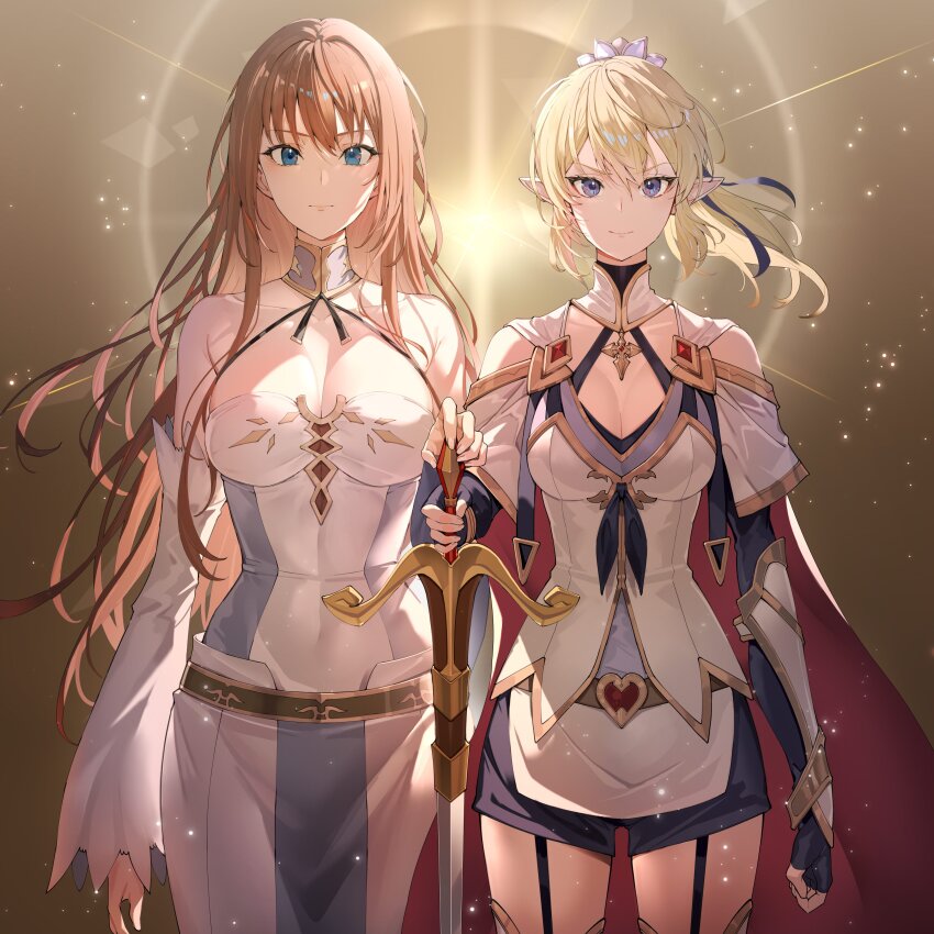 2girls absurdres astraea_(danmachi) astraea_record blonde_hair blue_eyes breasts brown_background brown_hair cape cleavage_cutout clothing_cutout cover cover_page covered_navel detached_sleeves dress dungeon_ni_deai_wo_motomeru_no_wa_machigatteiru_darou_ka fingerless_gloves garter_straps gloves gradient_background halter_dress halterneck highres holding holding_sword holding_weapon kakage large_breasts light_smile long_hair multiple_girls novel_cover off-shoulder_dress off_shoulder official_art pointy_ears ponytail purple_eyes red_cape ryu_lion shorts standing sword v-shaped_eyebrows vambraces weapon
