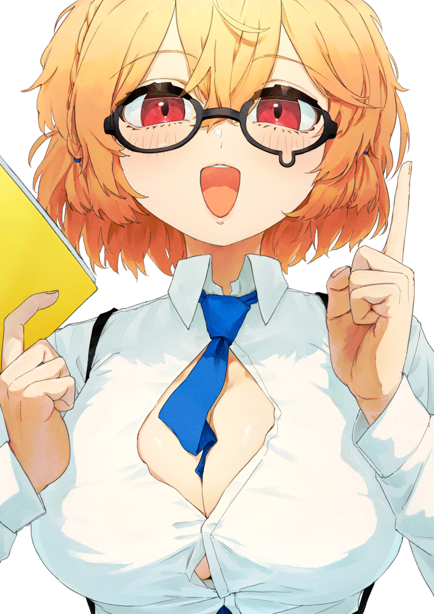 1girl absurdres between_breasts blonde_hair blue_archive blush breasts button_gap cleavage commentary_request halo highres index_finger_raised kotori_(blue_archive) large_breasts necktie necktie_between_breasts open_mouth red_eyes semi-rimless_eyewear shirt short_hair smile teardrop-framed_glasses white_shirt y4mori_gekko