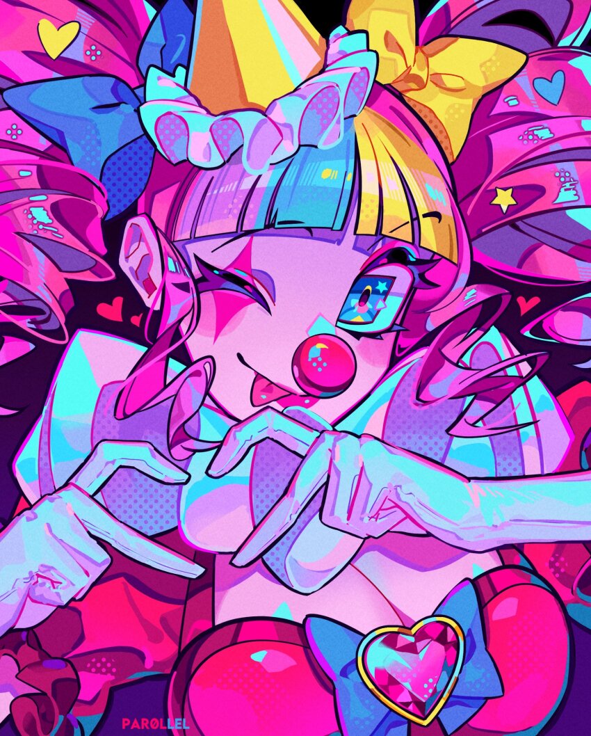 1girl ;) ;p april_first artist_name black_background blonde_hair blue_bow blue_bowtie blue_hair blunt_bangs bow bowtie breasts brooch cleavage closed_mouth clown_nose commentary dress drill_hair english_commentary eyeshadow frilled_headwear frilled_sleeves frills gloves hair_bow hair_ornament halftone hands_up hat heart heart_brooch heart_hair_ornament heart_hands highres jewelry large_breasts looking_at_viewer makeup medium_hair monster_prom monster_prom_4:_monster_con multicolored_hair neck_ruff one_eye_closed par0llel party_hat pink_brooch pink_eyeshadow pink_hair pink_lips puffy_short_sleeves puffy_sleeves purple_hair raised_eyebrows red_dress red_nose short_sleeves sidelocks simple_background smile solo star_(symbol) star_hair_ornament star_in_eye streaked_hair symbol_in_eye tattoo tongue tongue_out twin_drills upper_body white_gloves yellow_bow yellow_hat