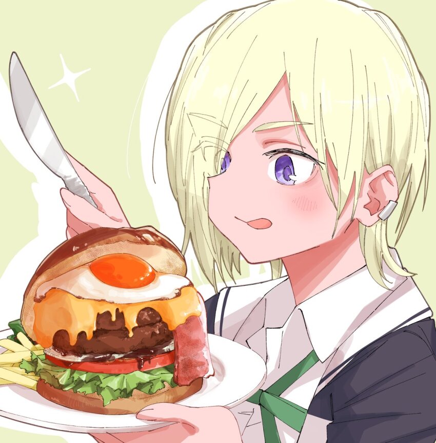 1girl :q blonde_hair blush burger commentary drop_shadow food green_ribbon hair_over_one_eye haruruhaharur highres holding holding_knife holding_plate jacket knife letterman_jacket looking_at_food love_live! love_live!_nijigasaki_high_school_idol_club mia_taylor neck_ribbon nijigasaki_school_uniform plate purple_eyes ribbon school_uniform shirt short_hair simple_background solo sparkle symbol-only_commentary table_knife tongue tongue_out white_shirt yellow_background