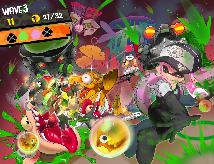 &gt;_&lt; 1boy 1girl attack baseball_cap big_shot_(splatoon) black_footwear black_gloves black_overalls blue_eyes boots carrying carrying_under_arm chum_(splatoon) clenched_hand clenched_teeth commentary_request crying crying_with_eyes_open dark-skinned_male dark_skin earrings flyfish_(splatoon) full_body gloves golden_egg_(splatoon) goldie_(splatoon) green_hair griller_(splatoon) grin hat highres inkling_boy inkling_girl inkling_player_character jewelry lifebuoy long_hair maws_(splatoon) naoki_(oosuko) nintendo one_eye_closed outdoors overalls paint_splatter paint_splatter_on_face pink_hair pointy_ears red_eyes rubber_boots rubber_gloves salmon_run_(splatoon) salmonid shirt short_hair smallfry_(splatoon) smile speech_bubble splatoon_(series) splatoon_3 steel_eel_(splatoon) steelhead_(splatoon) sticker stud_earrings sweat swim_ring tears teeth tentacle_hair watermark white_shirt