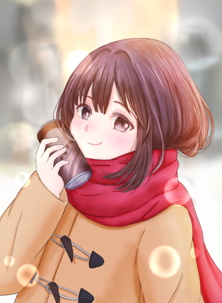 1girl blurry blurry_background bokeh brown_coat brown_eyes brown_hair can can_to_cheek canned_coffee closed_mouth coat depth_of_field drink_can duffel_coat enpera highres holding holding_can long_sleeves looking_at_viewer looking_to_the_side mamepengin original red_scarf scarf smile solo upper_body winter