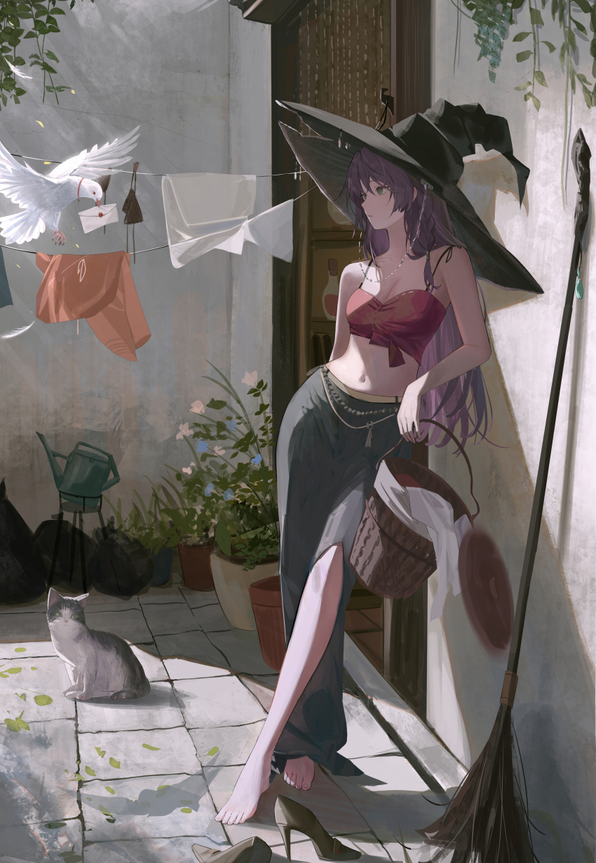 1girl absurdres against_wall barefoot basket bird black_hat breasts broom brown_shoes camisole cat cleavage clothesline crop_top crossed_legs envelope flower grey_skirt hat high_heels highres holding holding_basket jenmin12 laundry_basket leaning_to_the_side long_hair looking_to_the_side navel original parted_lips pigeon plant potted_plant red_camisole shoes skirt solo sunlight unworn_shoes very_long_hair watering_can white_bird white_flower witch witch_hat