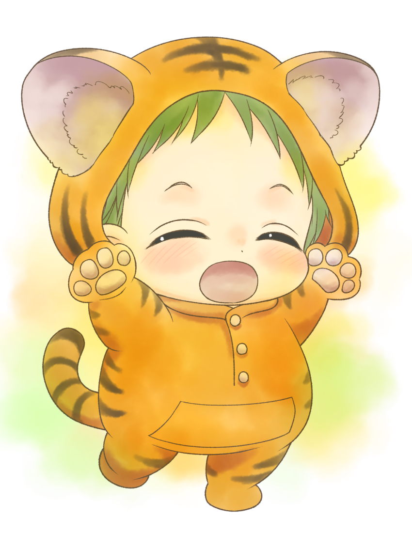 1boy :d animal_costume animal_print blush child closed_eyes full_body gakuen_babysitters green_hair highres kashima_kotarou male_focus mitsuhashitohru_pxv open_mouth smile solo standing tiger_costume tiger_print