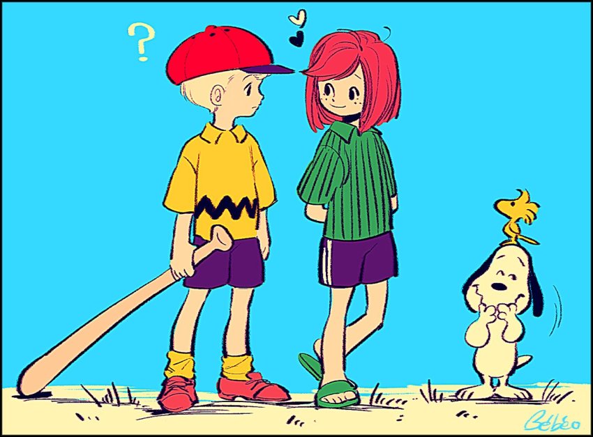 1boy 1girl ? animal animal_on_head arms_behind_back bad_id bad_twitter_id bare_legs baseball_bat baseball_cap beagle bird black_border blonde_hair blue_background blue_shorts border brown_hair charlie_brown dog eye_contact freckles green_shirt hat heart laughing looking_at_another noaki on_head outdoors peanuts_(comic) peppermint_patty red_hair sandals shirt shorts signature simple_background snoopy socks striped_clothes striped_shirt swept_bangs t-shirt vertical_stripes woodstock yellow_legwear yellow_shirt