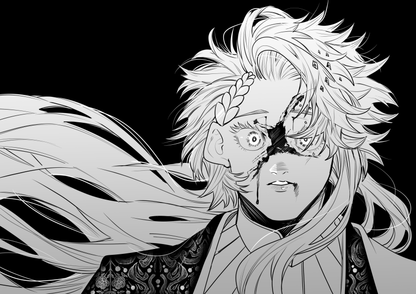 1boy absurdres ancient_greek_clothes apollo_(shuumatsu_no_valkyrie) black_background bleeding blood blood_on_face collarbone diamond_(shape) diamond_hair_ornament floral_print gem greco-roman_clothes greyscale hair_blowing highres jewelry laurel_crown leaf_print long_hair male_focus monochrome nanako_nuchitsu parted_lips sash shuumatsu_no_valkyrie solo toga upper_body wide-eyed wind wind_lift wreath