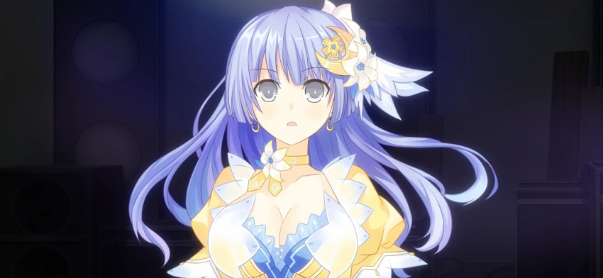 1girl blue_eyes blue_hair breasts cleavage collarbone crescent crescent_hair_ornament date_a_live date_a_live:_spirit_pledge dress earrings flower game_cg hair_flower hair_ornament highres indoors izayoi_miku jewelry large_breasts long_hair official_art open_mouth puffy_short_sleeves puffy_sleeves short_sleeves solo speaker spotlight third-party_source yellow_dress