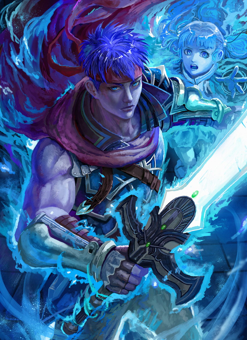1boy 1girl blue_eyes blue_hair cape commentary fire_emblem fire_emblem:_radiant_dawn glowing glowing_sword glowing_weapon headband highres holding holding_sword holding_weapon ike_(fire_emblem) ike_(vanguard_legend)_(fire_emblem) muscular muscular_male nintendo ragnell red_cape short_hair sword weapon yanmanxplore yune_(fire_emblem)