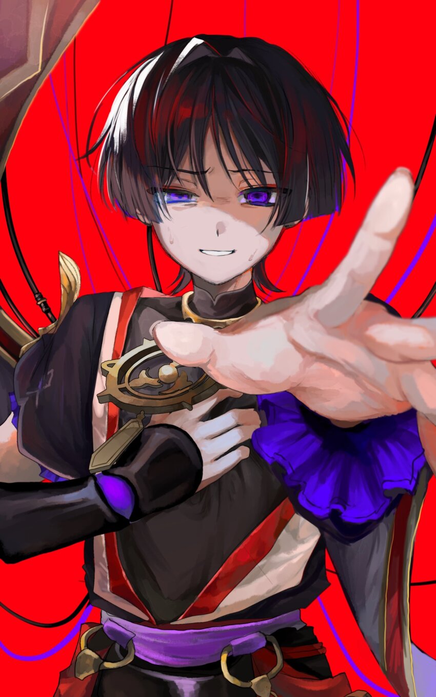 1boy armor black_bodysuit black_hair black_kimono black_sleeves blunt_ends bodysuit cable ce5_ez clutching_chest curtained_hair eyeliner eyeshadow frilled_sleeves frills furisode genshin_impact gold hair_intakes han&#039;eri highres japanese_armor japanese_clothes jewelry kimono kote kurokote layered_kimono layered_sleeves looking_at_viewer makeup male_focus mitsudomoe_(shape) neck_ring nervous_smile nervous_sweating o-ring open_clothes open_hand open_kimono open_mouth partially_shaded_face purple_eyes purple_sash purple_sleeves reaching reaching_towards_viewer red_background red_eyeliner red_eyeshadow red_kimono red_sash sash scaramouche_(genshin_impact) short_sleeves single_sode smile solo straight-on sweat tomoe_(symbol) tsurime uneven_eyes upper_body white_kimono white_mouth wispy_bangs