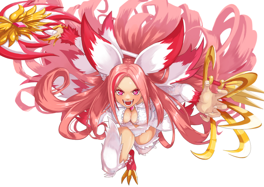 absurdres animal_ears breasts claw_(weapon) cleavage dark_skin fur highres holding holding_weapon jewelry kunimaki long_hair looking_at_viewer magical_girl magicami open_mouth pink_hair polearm sidelocks smile very_long_hair weapon white_fur yarimizu_lilly