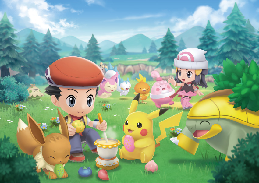 1boy 1girl :d absurdres artist_request backpack bag beanie berry_(pokemon) boots bracelet bush chibi closed_mouth cloud dawn_(pokemon) day eating eevee eyelashes following game_freak gen_1_pokemon gen_3_pokemon gen_4_pokemon grass grey_eyes grotle hair_ornament hairclip happiny hat highres holding jewelry lucas_(pokemon) nintendo official_art open_mouth outdoors pachirisu pants pikachu pink_boots pink_skirt pokemon pokemon_(creature) pokemon_bdsp scarf second-party_source shirt shoes short_hair shroomish sitting skirt skitty sky sleeveless sleeveless_shirt smile standing tongue torchic tree yellow_bag