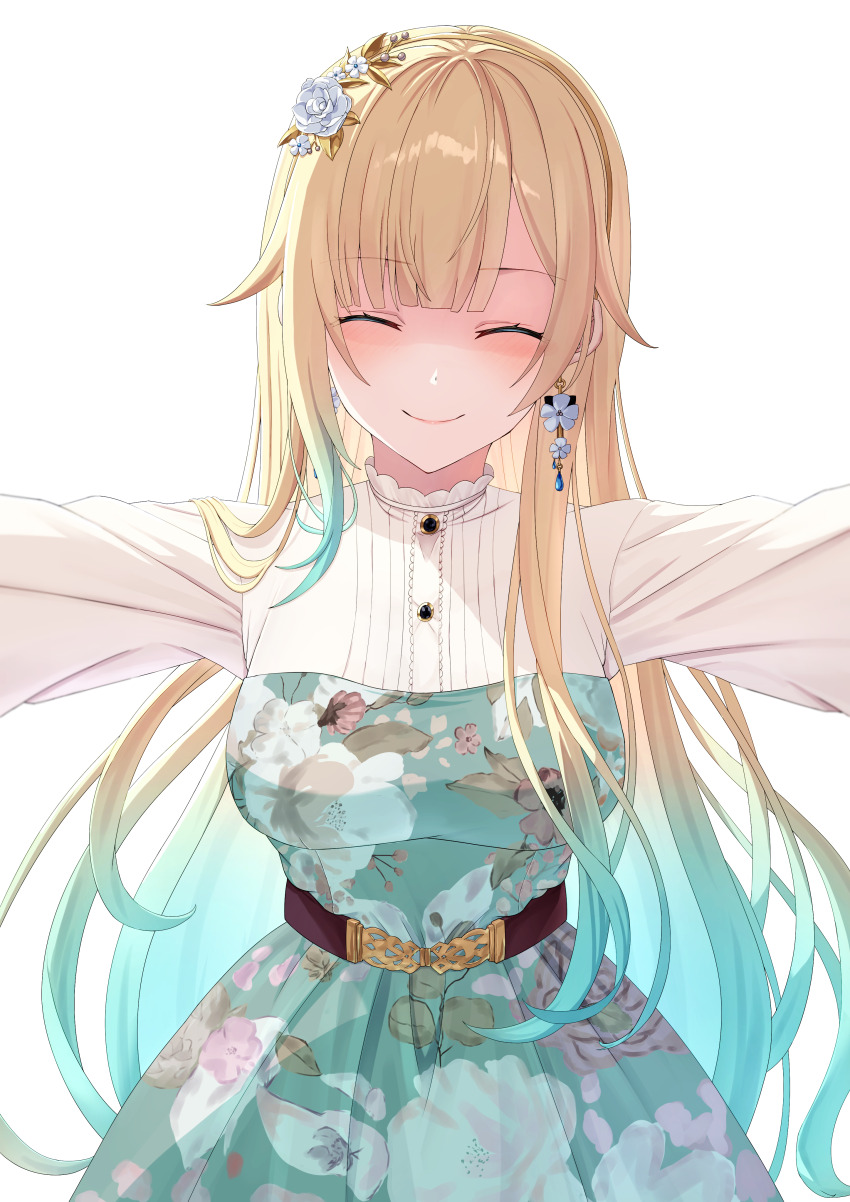 1girl absurdres aizawa_ema aizawa_ema_(3rd_costume) aqua_dress aqua_hair belt blonde_hair blunt_bangs brown_belt closed_eyes closed_mouth dress earrings facing_viewer floral_print flower flower_earrings gradient_hair hair_flower hair_ornament highres jewelry long_hair long_sleeves majin_(mazimazindayo) multicolored_hair outstretched_arms shaded_face sidelocks smile solo swept_bangs upper_body virtual_youtuber vspo! white_background white_dress