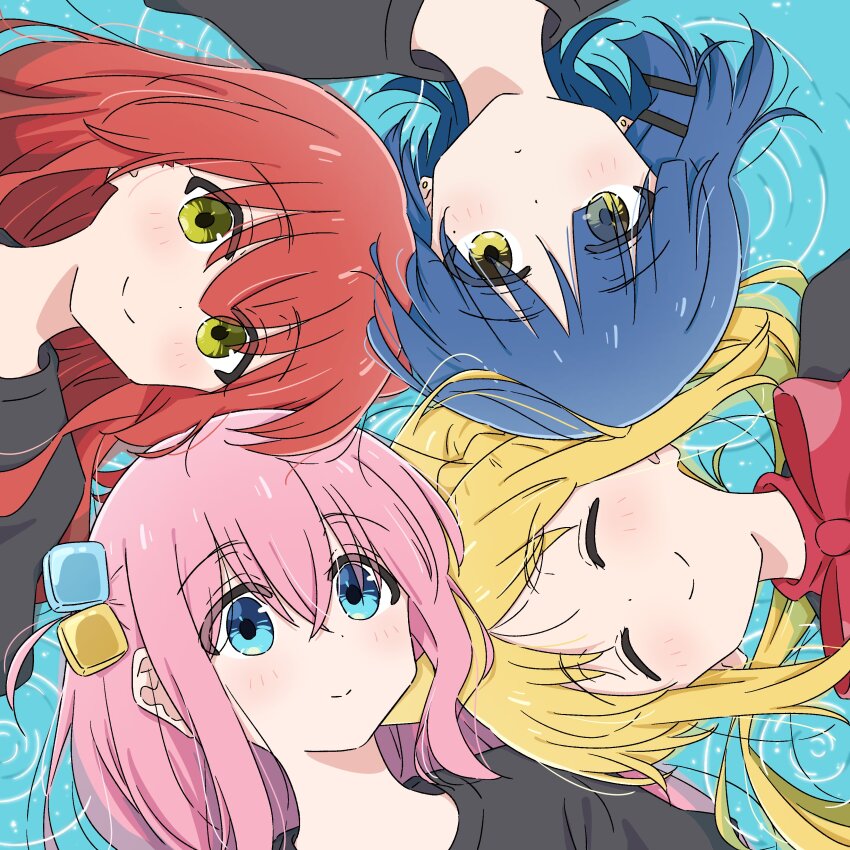 4girls ^_^ absurdres aqua_background black_shirt blonde_hair blue_eyes blue_hair blush bocchi_the_rock! bow bowtie circle_formation closed_eyes commentary_request cube_hair_ornament dot_nose eyes_visible_through_hair gotoh_hitori green_eyes hair_between_eyes hair_ornament hairclip heads_together highres ijichi_nijika kita_ikuyo mayo_(oekaki_bibbi) multiple_girls one_side_up pink_hair ponytail portrait red_bow red_bowtie red_hair shirt short_hair sidelocks smile split_mouth yamada_ryo yellow_eyes
