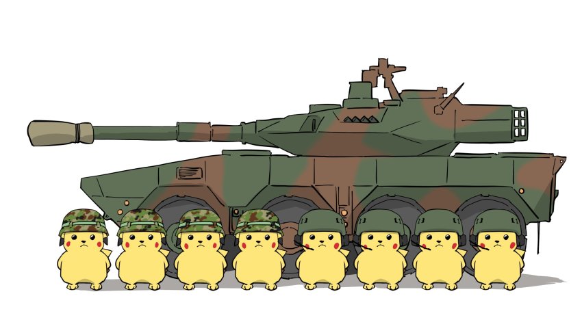armored_personnel_carrier armored_vehicle arms_behind_back bad_id bad_twitter_id camouflage camouflage_headwear closed_mouth commentary gen_1_pokemon green_headwear headset helmet highres infantry_fighting_vehicle looking_at_viewer m1128_mobile_gun_system military military_vehicle motor_vehicle nintendo no_humans parade_rest pikachu pokemon pokemon_(creature) royal_ordnance_l7 shadow simple_background standing standing_at_attention stryker_(afv) takenotcool tank_gun tank_helmet white_background