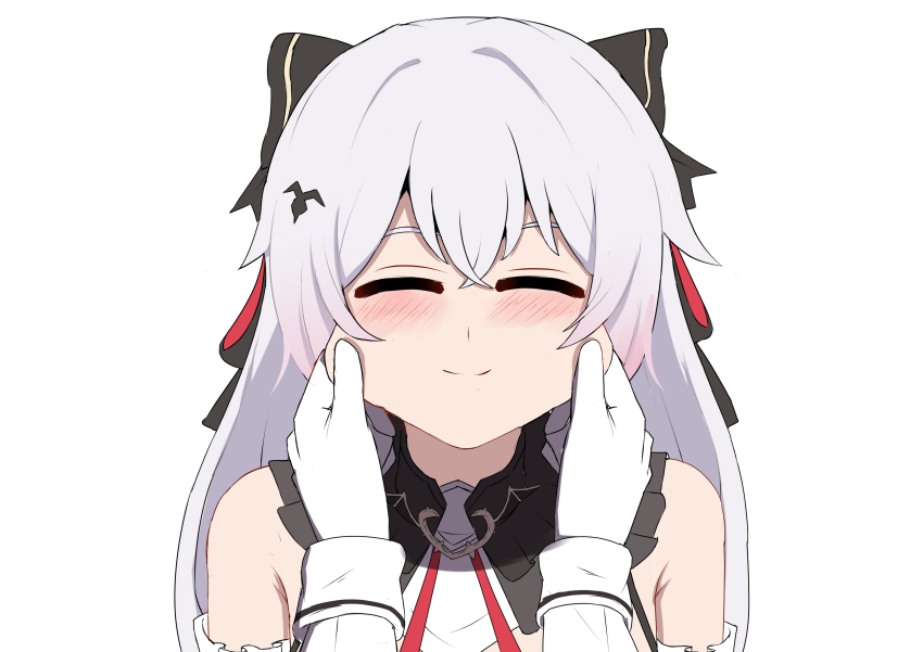 1boy 1girl absurdres bare_shoulders bat_hair_ornament black_bow black_collar blush bow captain_(honkai_impact) cheek_pull closed_eyes closed_mouth collar facing_viewer hair_bow hair_ornament highres honkai_(series) honkai_impact_3rd long_hair marin_liekuriva portrait pov pov_hands simple_background smile split_mouth theresa_apocalypse theresa_apocalypse_(luna_kindred) theresa_apocalypse_(lunar_vow:_crimson_love) white_background white_hair