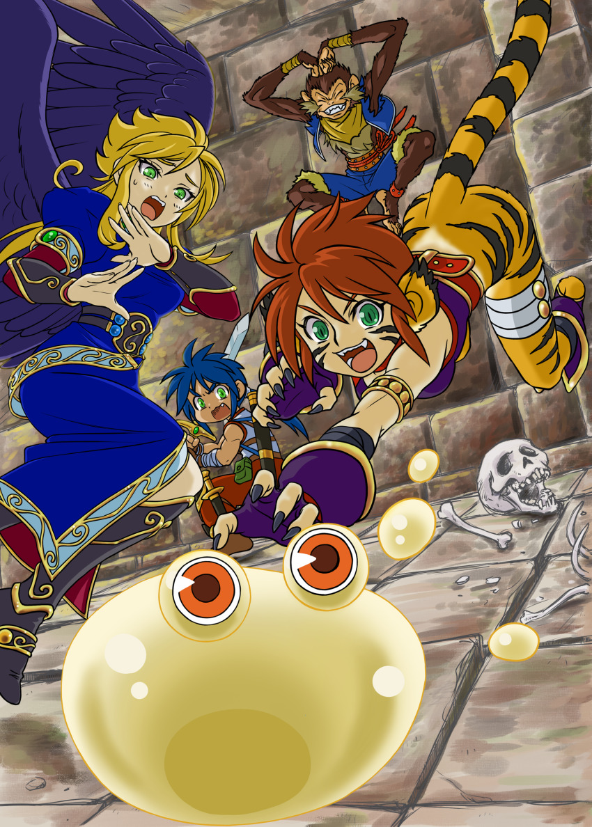 2boys 2girls absurdres animal_ears armor bandaged_arm bandages belt black_footwear black_nails black_wings blonde_hair blue_dress blue_hair blue_vest bone breasts breath_of_fire breath_of_fire_ii brown_footwear cat_ears cat_girl closed_eyes commentary_request dress facial_mark fangs feathered_wings fur-trimmed_shorts fur_trim gauntlets green_eyes hands_on_own_head highres holding holding_sword holding_weapon leg_up long_hair medium_breasts monkey multiple_boys multiple_girls nina_(breath_of_fire_ii) nobuhiko_tsukikage pants ponytail pouncing puffy_short_sleeves puffy_sleeves red_eyes red_pants ribs rinpoo_chuan ryu_(breath_of_fire_ii) sash scared scarf short_sleeves shorts side_slit sidelocks skeleton slime_(creature) slit_pupils sten_legacy stone_floor stone_wall striped_fur sweatdrop sword tongue vest weapon wings yellow_scarf