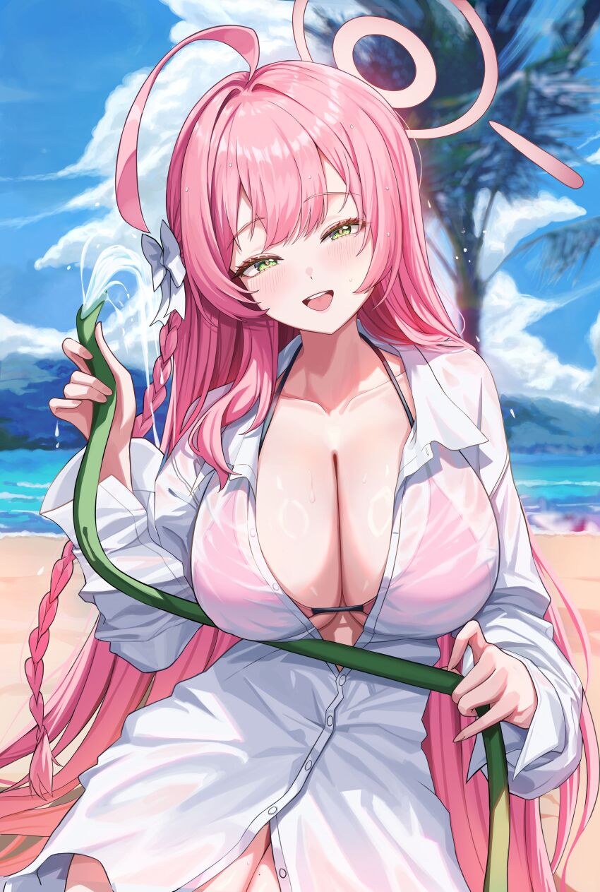 1girl absurdres ahoge beach bikini bikini_under_clothes blue_archive blue_sky blurry blurry_background blush bow braid breasts bright_pupils cleavage collarbone collared_shirt commentary_request cowboy_shot day eyelashes green_eyes gwinggwing hair_bow half-closed_eyes halo halterneck hanako_(blue_archive) hanako_(swimsuit)_(blue_archive) hand_up happy highres holding holding_hose hose huge_ahoge huge_breasts korean_commentary lips long_hair ocean official_alternate_costume open_mouth outdoors partially_unbuttoned pink_bikini pink_hair pink_halo see-through_clothes see-through_shirt shirt sidelocks single_braid sky smile solo straight_hair swimsuit teeth upper_teeth_only very_long_hair water wet wet_clothes wet_shirt white_bow white_shirt