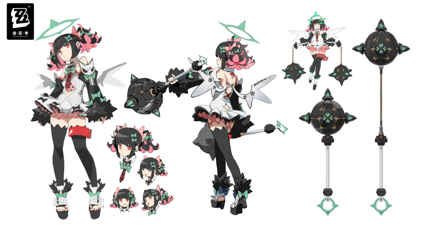 1girl absurdres backless_outfit bare_shoulders black_hair black_thighhighs blunt_bangs bow bowtie bright_pupils reference_sheet chinese_commentary chinese_text clothing_cutout commentary_request concept_art copyright_name detached_sleeves dress english_text multiple_expressions fake_wings footwear_bow full_body green_bow hair_bow highres holding holding_mace holding_weapon looking_at_viewer mace multicolored_hair multiple_views navel_cutout necktie official_art pink_hair platform_footwear red_eyes rokudu_sariel short_twintails simple_background sleeve_bow spiked_mace spikes thighhighs too_many_bows twintails two-tone_hair waterkuma weapon white_background white_dress white_pupils wings zenless_zone_zero zettai_ryouiki