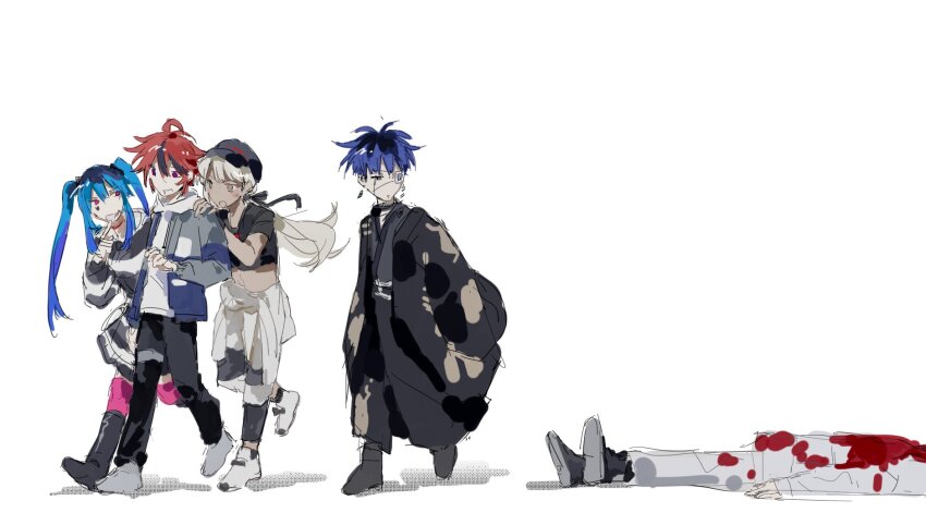2girls 3boys amemiya_darumi aotsuki_eito black_bow black_hair black_hat black_pants black_skirt blonde_hair blood blood_on_clothes blue_hair bow corpse crop_top dark-skinned_female dark_skin earrings eyepatch grey_hoodie hand_on_another&#039;s_shoulder hat heart highres hood hoodie japanese_clothes jewelry kawana_tsubasa looking_to_the_side multicolored_hair multiple_boys multiple_girls omokage_yugamu pants pink_eyes pink_thighhighs pleated_skirt red_hair shirt skirt striped_clothes striped_shirt sumino_takumi the_hundred_line_-last_defense_academy- thighhighs twintails white_background white_pants