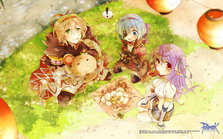 ! 1boy 2girls alcohol argyle_cape argyle_clothes belt belt_buckle belt_pouch bikini bikini_top_only blonde_hair blue_eyes blue_hair blue_ribbon blue_shorts blush bow breasts brown_belt brown_coat brown_gloves buckle cape cherry_blossoms choker closed_mouth coat copyright_notice creature cup detached_sleeves drops_(ragnarok_online) eating elbow_gloves eyepatch falling_petals fingerless_gloves food from_above full_body fur-trimmed_shorts fur_collar fur_trim gloves grass green_eyes guest_art hair_bow hair_ribbon hairband highres hishimochi holding holding_creature holding_cup lace lace-trimmed_thighhighs lace_trim lantern logo long_hair looking_at_viewer medium_breasts mochi multiple_girls official_art official_wallpaper open_mouth orange_eyes paper_lantern petals picnic pinwheel pouch purple_bow purple_hair purple_thighhighs ragnarok_online red_choker red_hairband red_ribbon red_skirt ribbon river sakazuki sake seiza shadow_chaser_(ragnarok_online) shirt short_shorts shorts sitting skirt slime_(creature) small_breasts smile sorcerer_(ragnarok_online) spoken_exclamation_mark star_(symbol) swimsuit thighhighs uru_uzuki waist_cape white_bikini white_cape white_shirt white_sleeves whitesmith_(ragnarok_online) yokozuwari