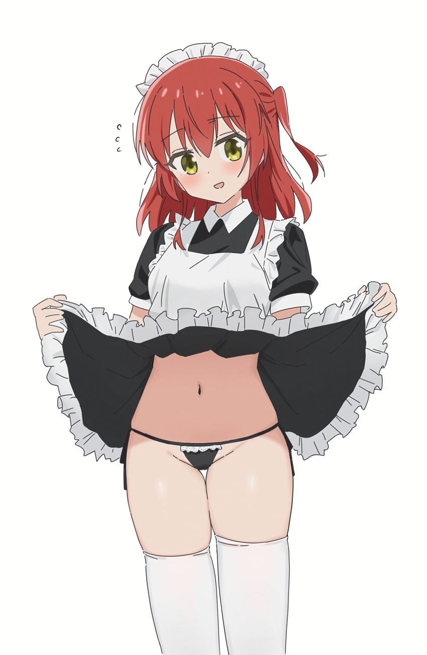 1girl absurdres apron black_dress black_panties bocchi_the_rock! clothes_lift commentary_request desperate_airpo dot_nose double-parted_bangs dress dress_lift feet_out_of_frame frilled_panties frills hair_between_eyes highres kita_ikuyo lifting_own_clothes lingerie long_hair looking_at_viewer maid maid_apron multicolored_hair navel one_side_up panties parted_lips red_hair short_sleeves side-tie_panties simple_background standing stomach straight-on string_panties thigh_gap thighhighs underwear white_apron white_background white_thighhighs yellow_eyes