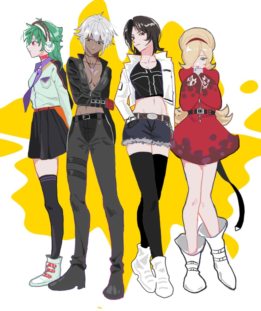 4girls ash_crimson brown_hair chaps cross dark-skinned_female dark_skin flat_color genderswap genderswap_(mtf) green_eyes green_hair headphones highres k&#039;_(kof) kukakulukalu kusanagi_kyou multiple_girls navel red_eyes school_uniform shun&#039;ei snk the_king_of_fighters the_king_of_fighters_&#039;99 the_king_of_fighters_2003 the_king_of_fighters_xiv white_hair