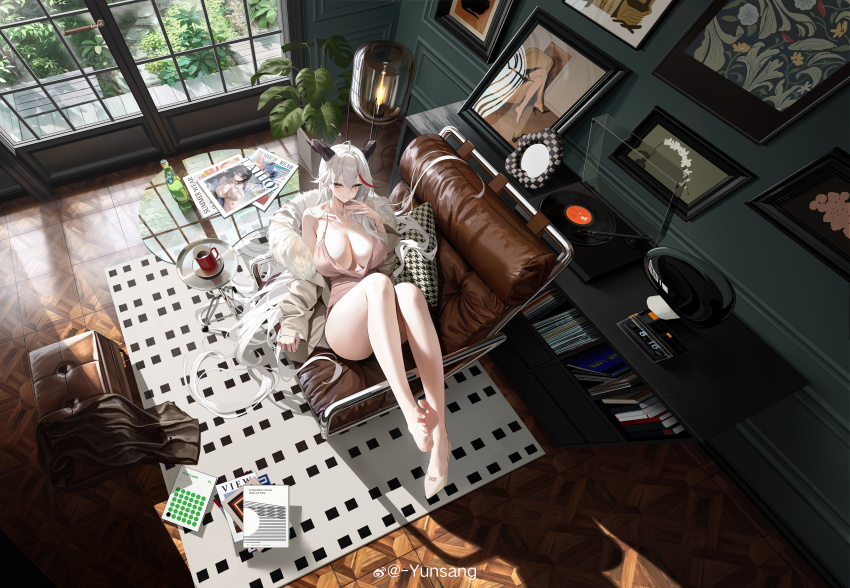 1girl absurdly_long_hair absurdres aegir_(azur_lane) aegir_(one-on-one_leisure_time)_(azur_lane) armchair artist_self-reference azur_lane black_horns book book_stack bookshelf border bottle breasts carpet chair cleavage clock closed_mouth coat coffee coffee_mug collarbone couch cup curled_horns cushion day digital_clock dragon_horns dress earrings english_text feet from_above fur-trimmed_coat fur-trimmed_jacket fur_trim glass grey_hair hair_between_eyes hair_flowing_over hair_spread_out highres horns huge_breasts indoors jacket jewelry knees_up lamp large_breasts legs long_hair long_sleeves looking_up lying magazine_(object) mug multicolored_hair nail_polish official_alternate_costume official_art on_back on_chair open_clothes open_jacket painting_(object) perrier_(brand) phone phonograph pillow pink_dress plant potted_plant red_hair shadow shoes sidelocks single_shoe sitting sleeves_past_wrists smile soles solo spaghetti_strap st._louis_(an_afternoon_on_the_lido_deck)_(azur_lane) st._louis_(azur_lane) streaked_hair sunlight surcouf_(azur_lane) surcouf_(loisirs_balneaires)_(azur_lane) table taihou_(azur_lane) taihou_(seaside_daydreams)_(azur_lane) thighs tile_floor tiles toenails toes very_long_hair vinyl_record watermark weibo_username weibo_watermark white_jacket white_shoes window wooden_floor yellow_eyes yunsang