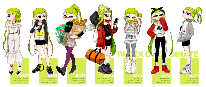 1girl arm_behind_back bag baguette bandana beanie bike_shorts black_bandana black_footwear black_shirt black_shorts blunt_bangs braid bread casual cellphone cereal_box closed_eyes closed_mouth coffee_mug commentary crown_braid cup duffel_bag earrings english_text flats food green_hair green_headwear grey_footwear grey_pantyhose grey_shirt grey_shorts grocery_bag hand_on_own_arm handbag hat highres holding holding_cup holding_phone hood hoodie inkling inkling_girl inkling_player_character jacket jewelry leggings leggings_under_shorts logo long_hair long_sleeves looking_at_viewer midriff mug navel necklace nintendo no_socks off-shoulder_shirt off_shoulder open_clothes open_jacket pants pantyhose paper_bag phone pointy_ears ponytail purple_pantyhose raglan_sleeves red_eyes red_footwear red_jacket shirt shoes shopping_bag shorts single_vertical_stripe smartphone sneakers splatoon_(series) splatoon_1 squidbeak_splatoon standing striped_clothes striped_shirt striped_shorts t-shirt tentacle_hair translation_request vest white_background white_footwear white_jacket white_pants white_shirt yellow_shoes yellow_vest yeneny