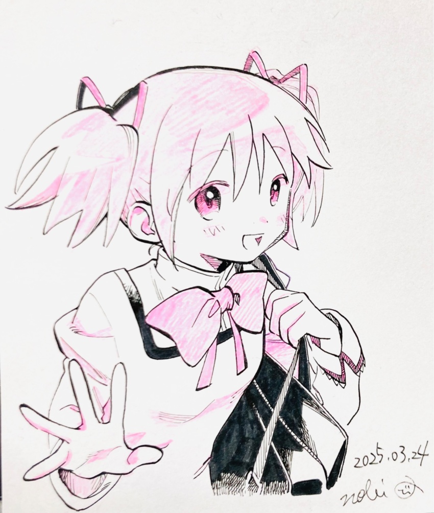 1girl bag black_bag bow bowtie collared_shirt commentary_request cropped_torso dated dot_nose hair_between_eyes hand_up happy high_collar highres holding holding_bag juliet_sleeves kaname_madoka lace-trimmed_sleeves lace_trim light_blush long_hair long_sleeves looking_at_viewer mahou_shoujo_madoka_magica mahou_shoujo_madoka_magica_(anime) mitakihara_school_uniform no+bi= open_mouth palms photo_(medium) pink_bow pink_bowtie pink_eyes pink_hair pink_ribbon pink_shirt pink_theme puffy_sleeves ribbon school_bag school_uniform shirt short_hair short_twintails signature smile solo tareme teeth traditional_media twintails upper_teeth_only white_sleeve_cuffs
