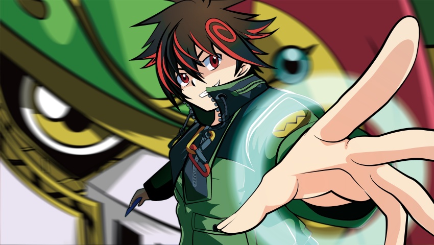 2boys absurdres black_hair blurry blurry_background card close-up d-reaper digimon digimon_card_game digimon_frontier digimon_liberator gameplay_mechanics green_shirt highres holding holding_card kazama_shoto male_focus medievaldukemon mother_d-reaper multicolored_hair multiple_boys red_hair shirt short_hair solo_focus tai_(cheungsk1213) trading_card two-tone_hair upper_body
