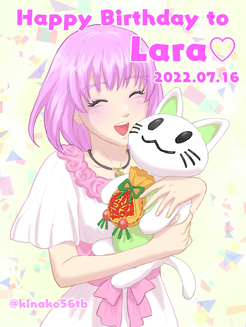 1girl :3 bag blush bon-jour cat character_name closed_eyes commentary_request dated dress english_text eyelashes happy_birthday heart highres holding holding_stuffed_toy jewelry lara_tchaikoskaya necklace open_mouth pink_hair short_sleeves smile solo sparkle stuffed_toy teeth tiger_&amp;_bunny twitter_username upper_teeth_only white_dress