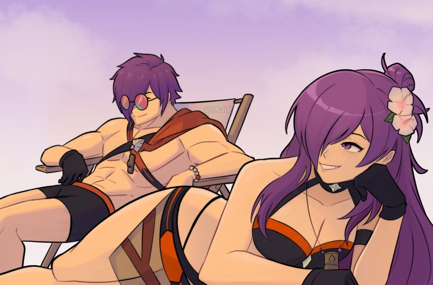 1boy 1girl absurdres beach_chair bikini black_bikini black_jammers black_male_swimwear breasts cleavage female_shez_(fire_emblem) female_shez_(summer)_(fire_emblem) fire_emblem fire_emblem:_three_houses fire_emblem_heroes fire_emblem_warriors:_three_hopes highres jammers large_breasts lying male_shez_(fire_emblem) male_shez_(summer)_(fire_emblem) male_swimwear nintendo official_alternate_costume on_side purple_hair reclining round_eyewear smgold smile sunglasses swimsuit