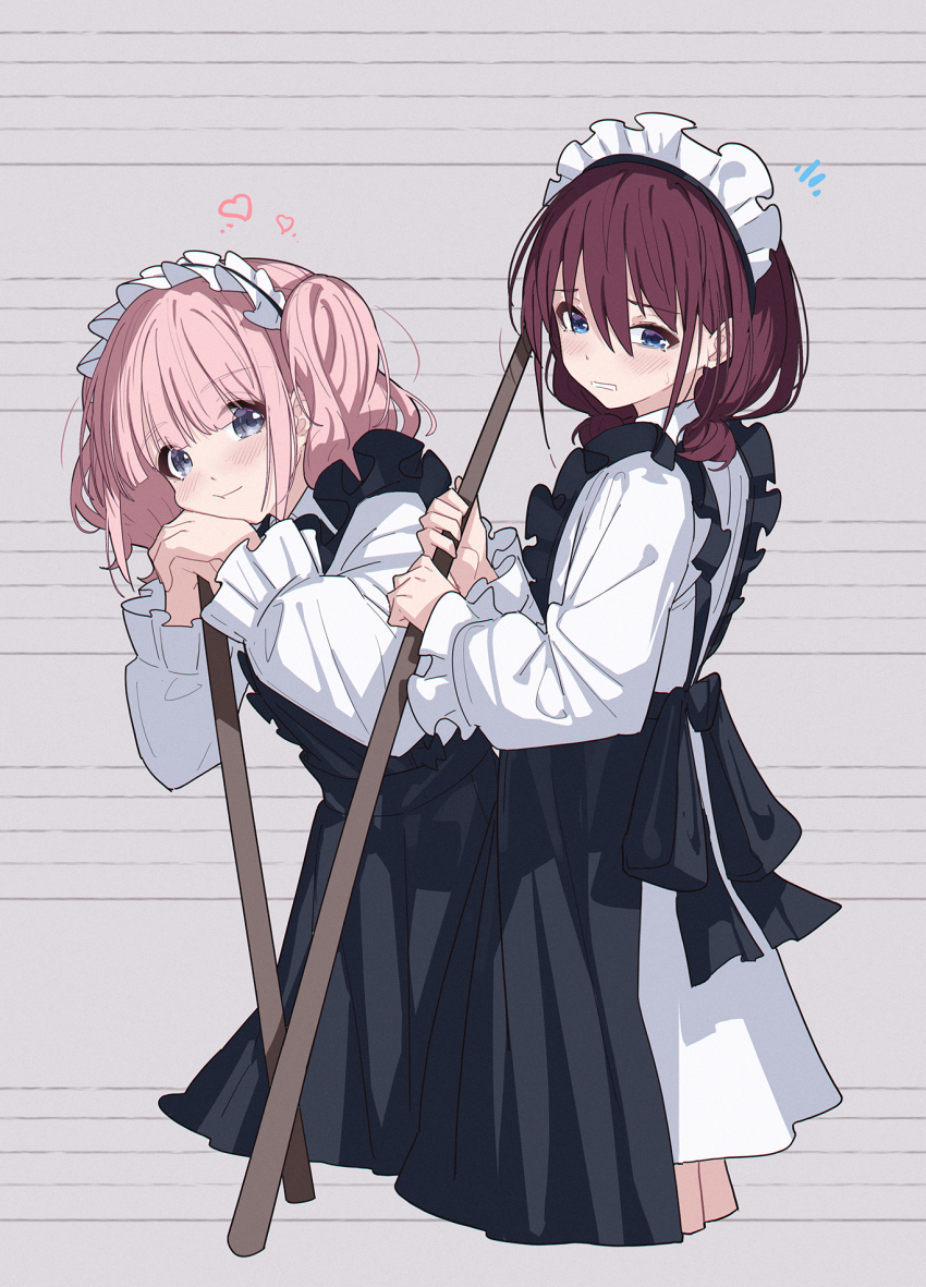 2girls apron black_apron blue_eyes blush broom brown_hair chinese_commentary commentary_request dress frilled_apron frills girls_band_cry grey_eyes hair_between_eyes heart highres hina_(girls_band_cry) holding holding_broom iseri_nina long_hair low_twintails maid maid_apron maid_headdress multiple_girls open_mouth pink_hair short_hair short_twintails twintails white_dress yun_cao_bing