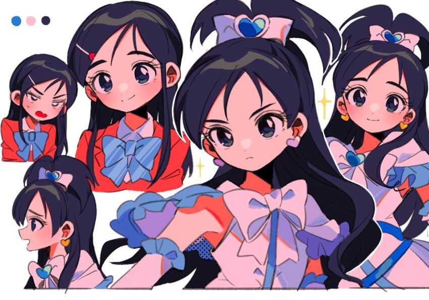 1girl bare_shoulders black_hair blue_bow blue_bowtie bow bowtie closed_mouth commentary_request cropped_torso cure_white dress dual_persona earrings futari_wa_precure green_eyes hair_bow heart heart_earrings jacket jewelry long_hair magical_girl multiple_views open_mouth precure red_jacket sanamaru_(sana79261827) simple_background sleeveless sleeveless_dress smile solo striped_bow striped_bowtie striped_clothes v-shaped_eyebrows white_background white_bow white_bowtie white_dress yukishiro_honoka