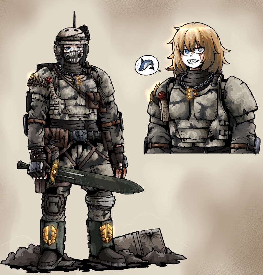 1girl ammunition_pouch astra_militarum bandana bandana_over_mouth belt blonde_hair blue_eyes bullet camouflage commentary commission english_commentary fingerless_gloves gloves grey_eyes helmet heterochromia highres imperial_aquila imperium_of_man inquisition_(warhammer) jewelry looking_at_viewer multiple_views necklace octosoup pouch power_sword purity_seal scar scar_across_eye scar_on_face shark shark_tooth sharp_teeth soldier solo teeth warhammer_40k